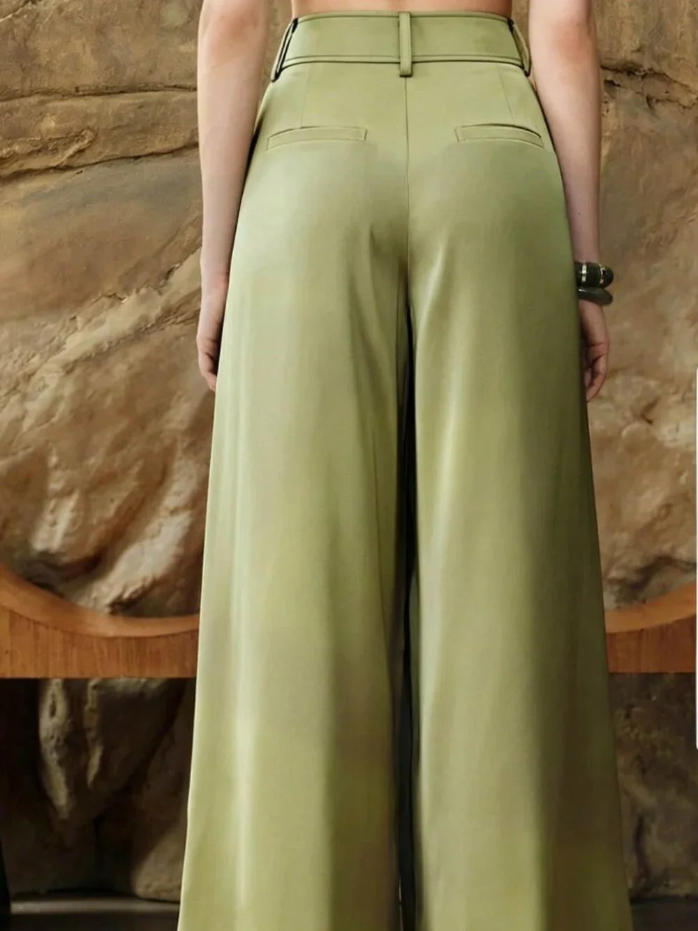 Olive Green Elegant Satin Wide-Leg Women's High-Waisted Office Pants - Picture 3 of 7